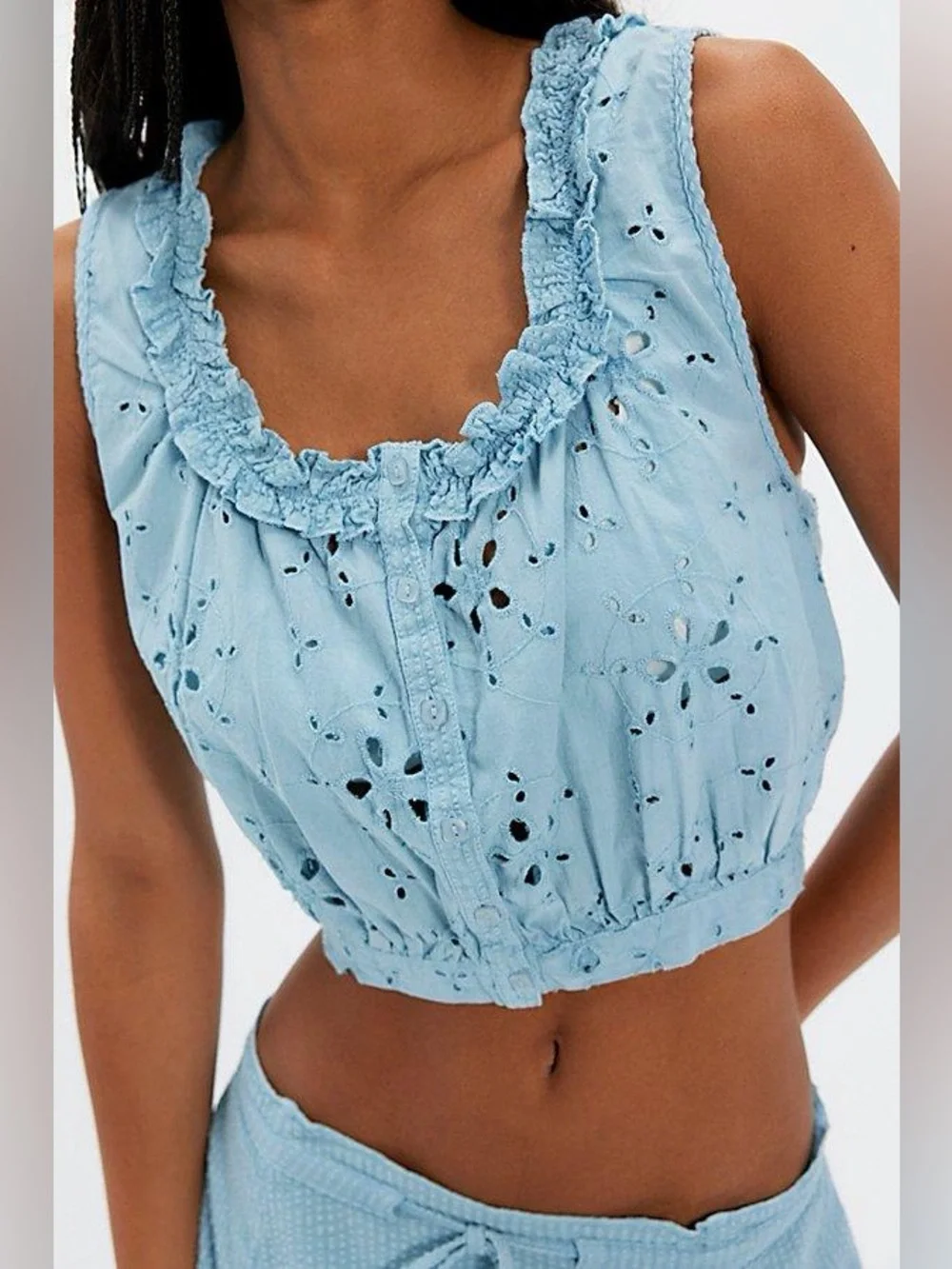 NWT new small Free People Madelyn light Sky Blue Eyelet Ruffle Crop Tank top